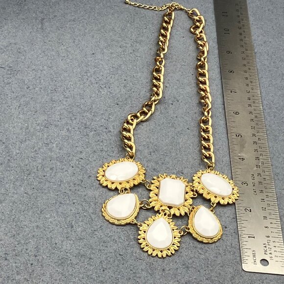 Gold White Statement Necklace 20 In Teardrop Rectangle Oval Charms Retro Vintage - Picture 4 of 11